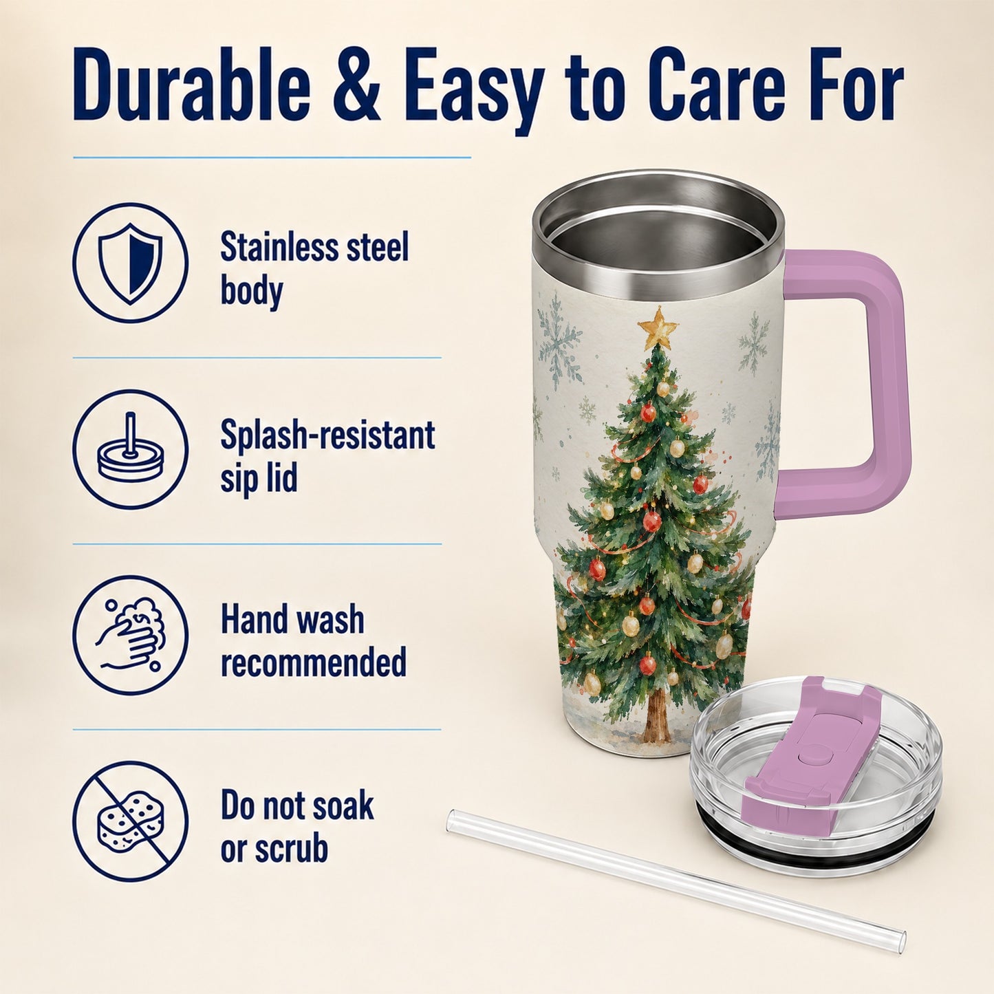 #pl[40oz|Pink] Christmas Tree 40oz Tumbler with Handle, Watercolor Holiday Travel Cup