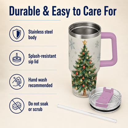 #pl[40oz|Pink] Christmas Tree 40oz Tumbler with Handle, Watercolor Holiday Travel Cup