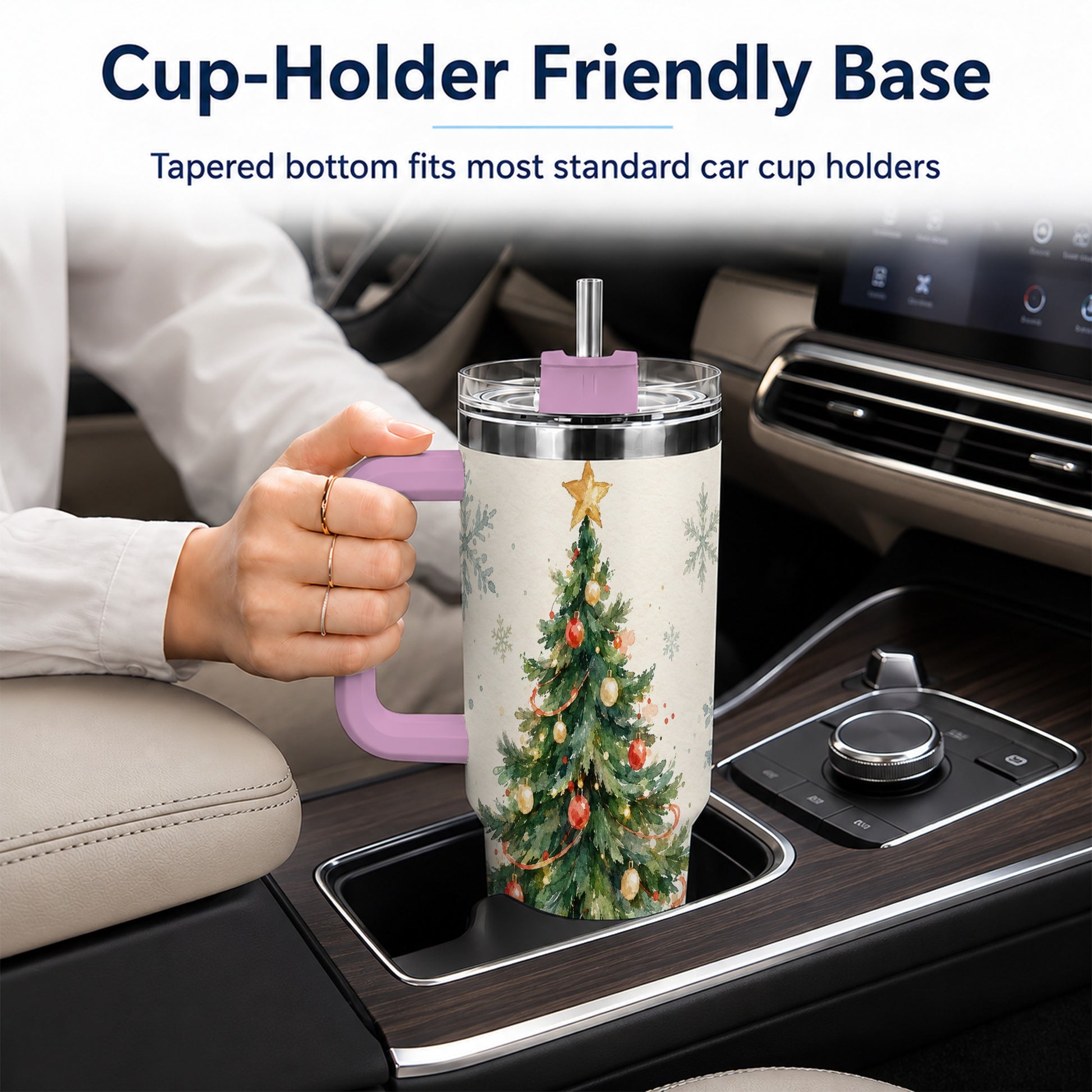 #pl[40oz|Pink] Christmas Tree 40oz Tumbler with Handle, Watercolor Holiday Travel Cup