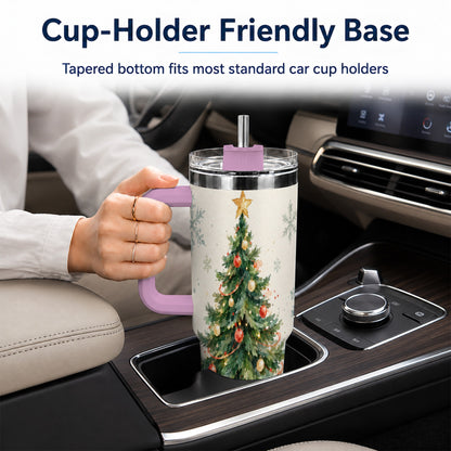 #pl[40oz|Pink] Christmas Tree 40oz Tumbler with Handle, Watercolor Holiday Travel Cup