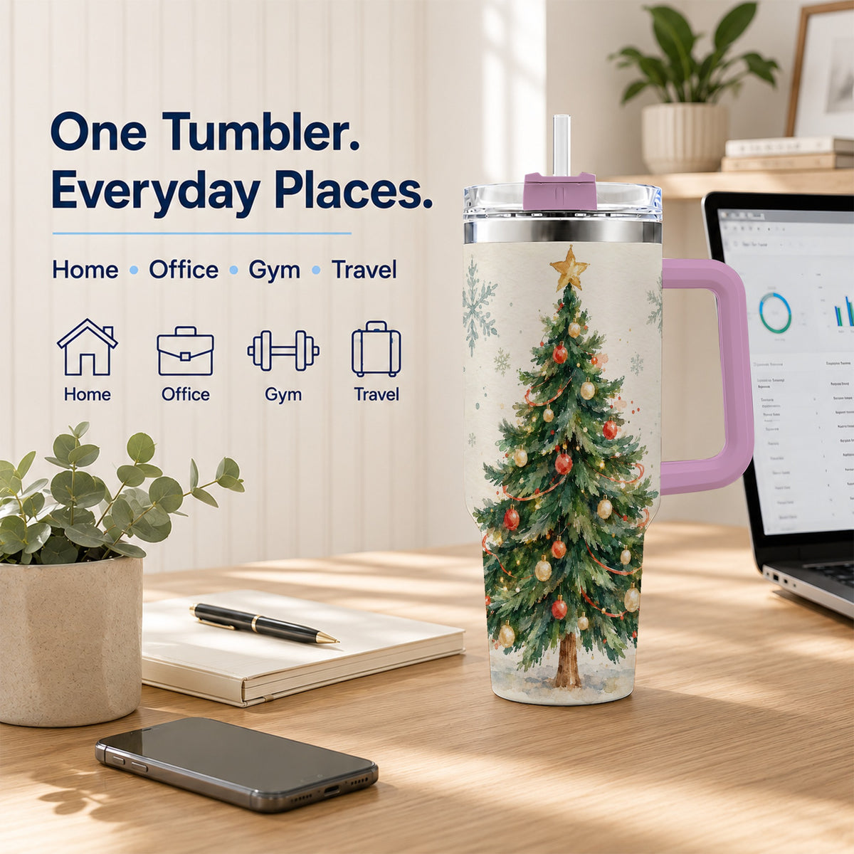 #pl[40oz|Pink] Christmas Tree 40oz Tumbler with Handle, Watercolor Holiday Travel Cup