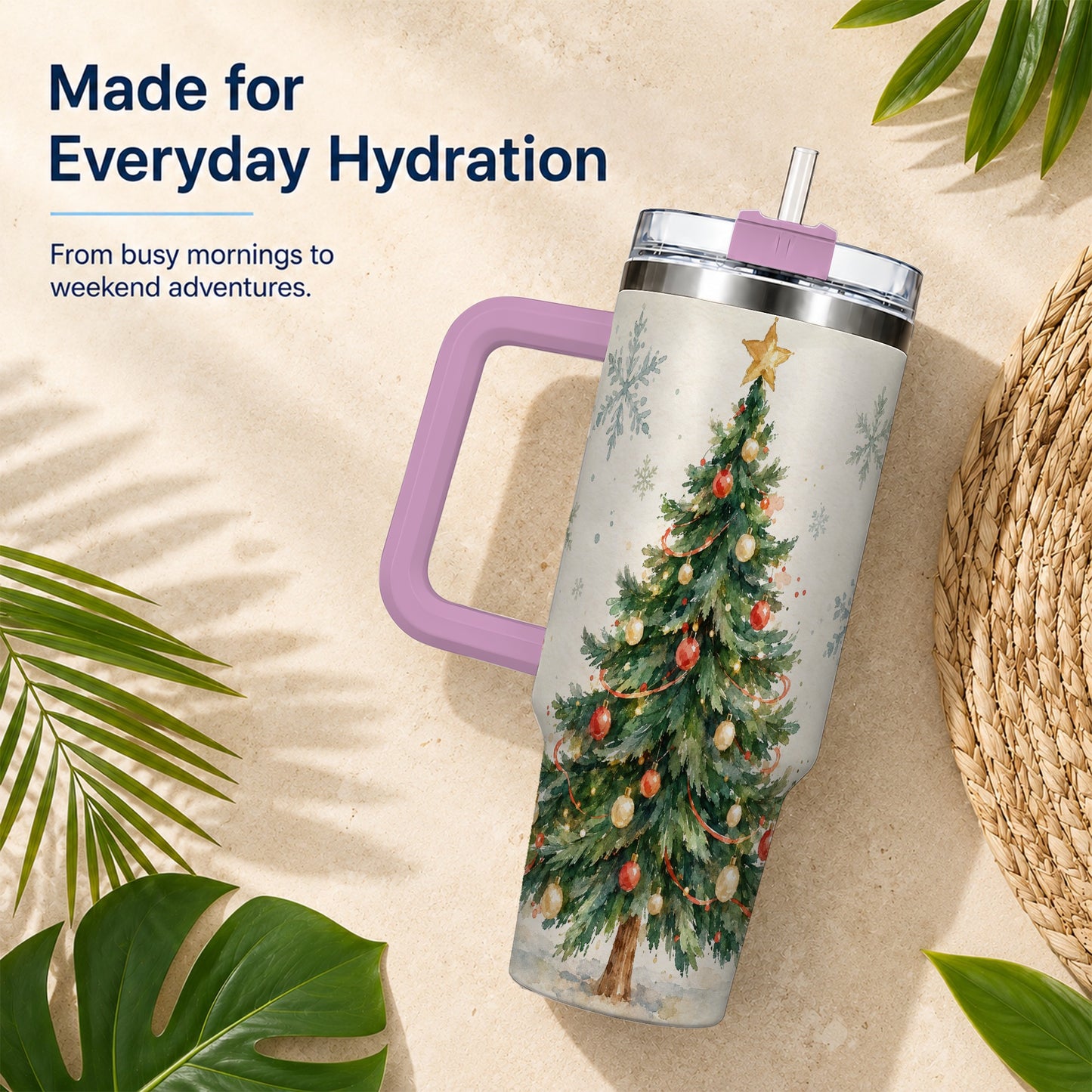 #pl[40oz|Pink] Christmas Tree 40oz Tumbler with Handle, Watercolor Holiday Travel Cup