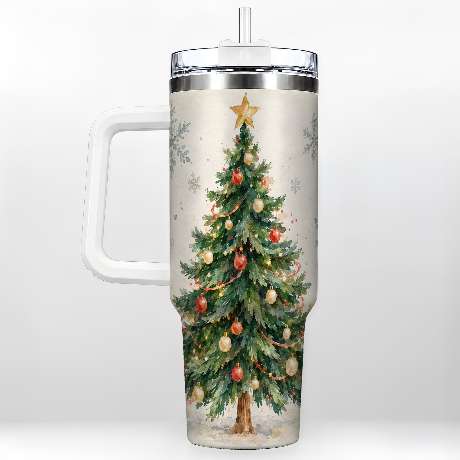 Christmas Tree 40oz Tumbler with Handle, Watercolor Holiday Travel Cup