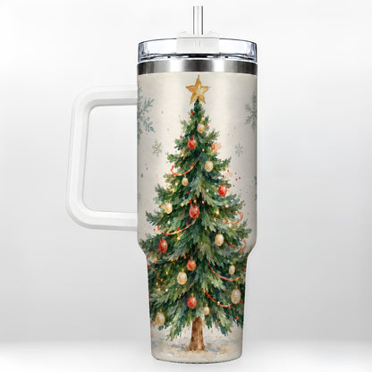 Christmas Tree 40oz Tumbler with Handle, Watercolor Holiday Travel Cup