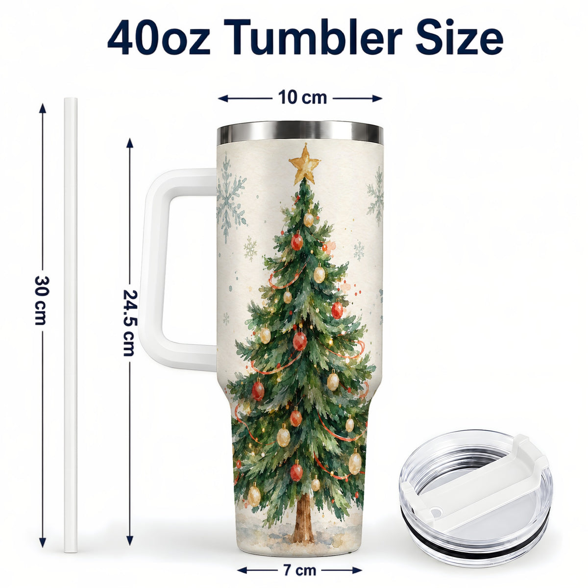#pl[40oz|White] Christmas Tree 40oz Tumbler with Handle, Watercolor Holiday Travel Cup