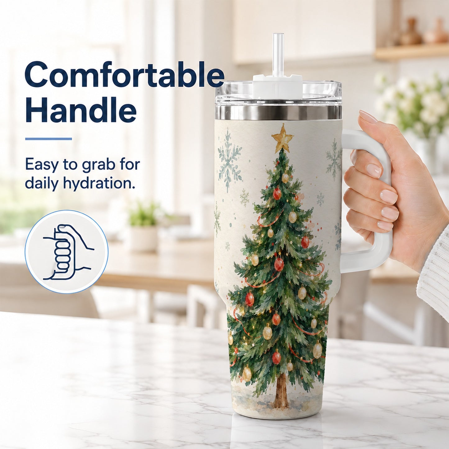 #pl[40oz|White] Christmas Tree 40oz Tumbler with Handle, Watercolor Holiday Travel Cup