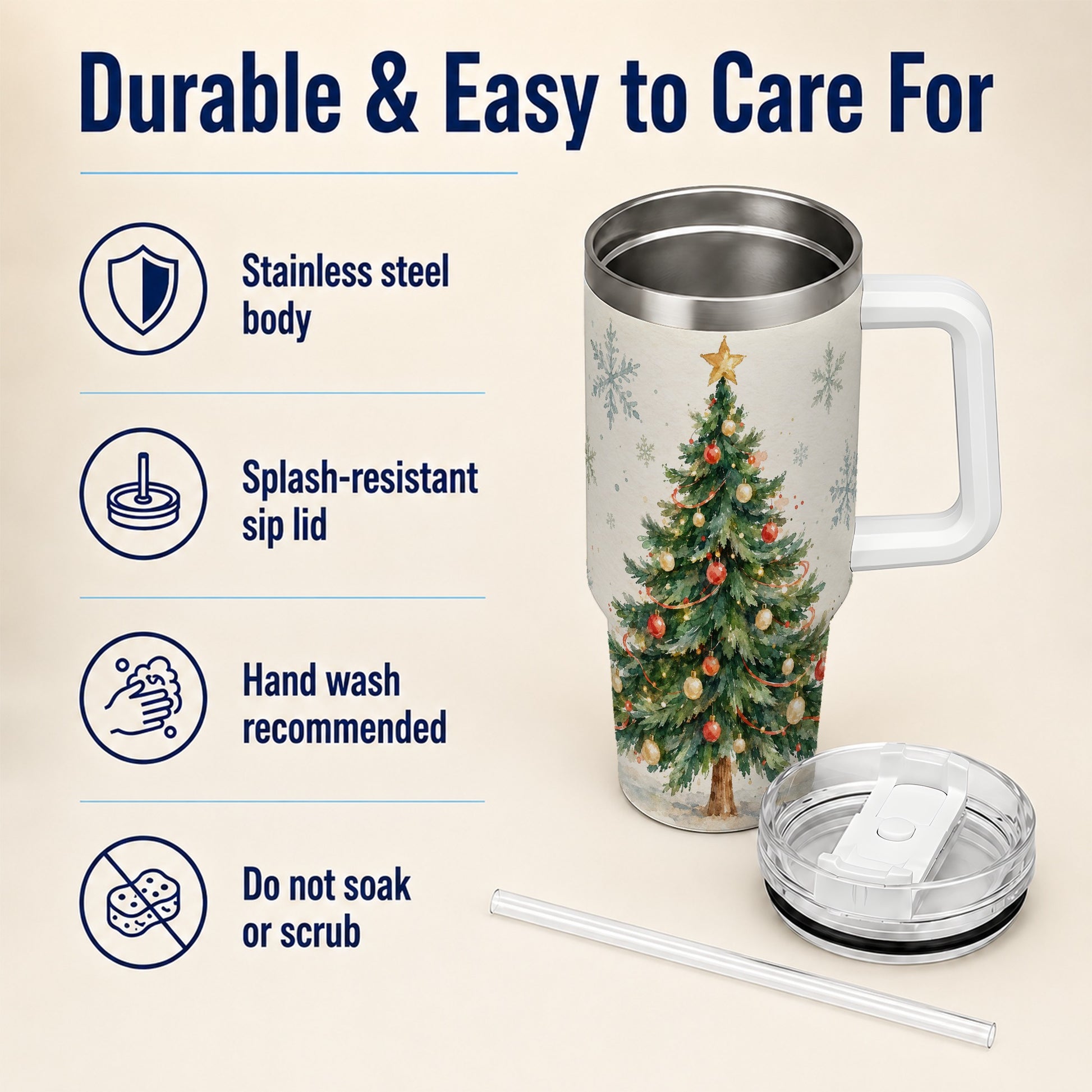 #pl[40oz|White] Christmas Tree 40oz Tumbler with Handle, Watercolor Holiday Travel Cup