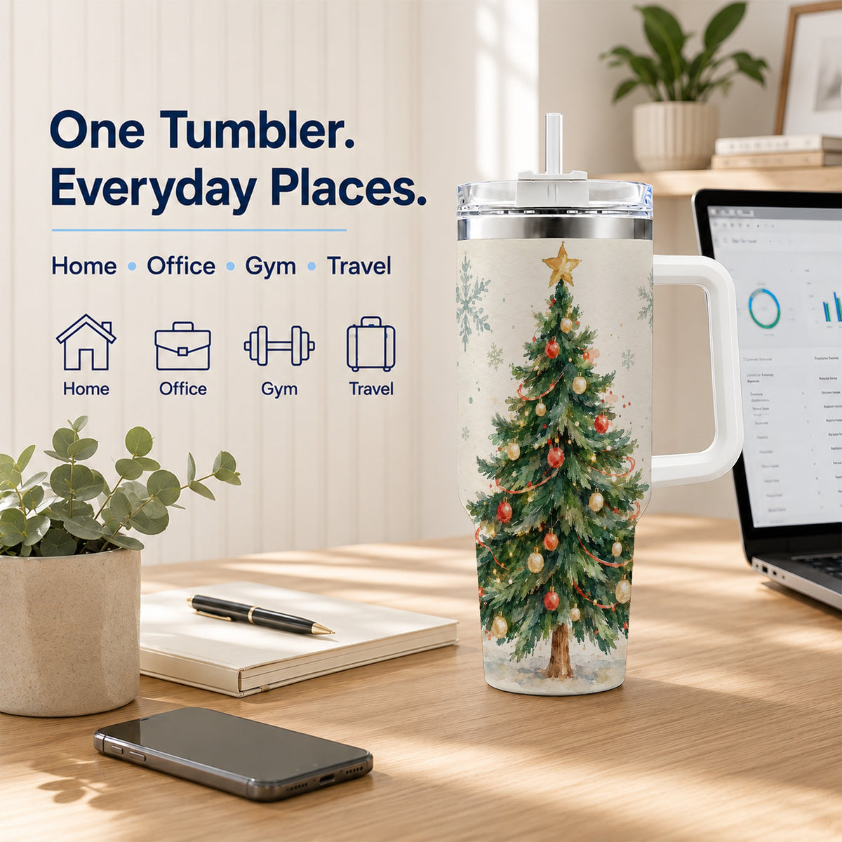 #pl[40oz|White] Christmas Tree 40oz Tumbler with Handle, Watercolor Holiday Travel Cup