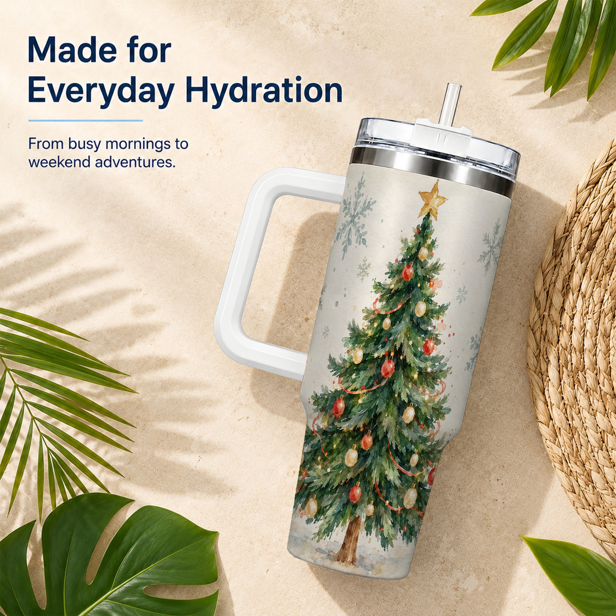 #pl[40oz|White] Christmas Tree 40oz Tumbler with Handle, Watercolor Holiday Travel Cup