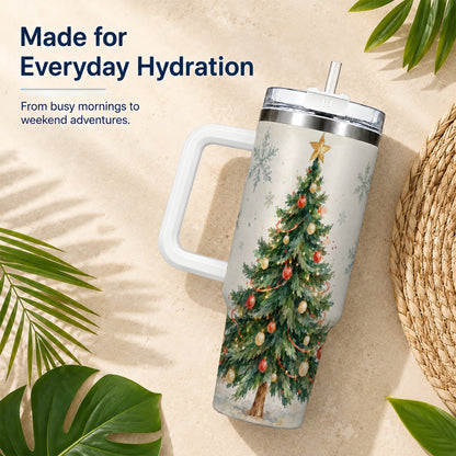 #pl[40oz|White] Christmas Tree 40oz Tumbler with Handle, Watercolor Holiday Travel Cup