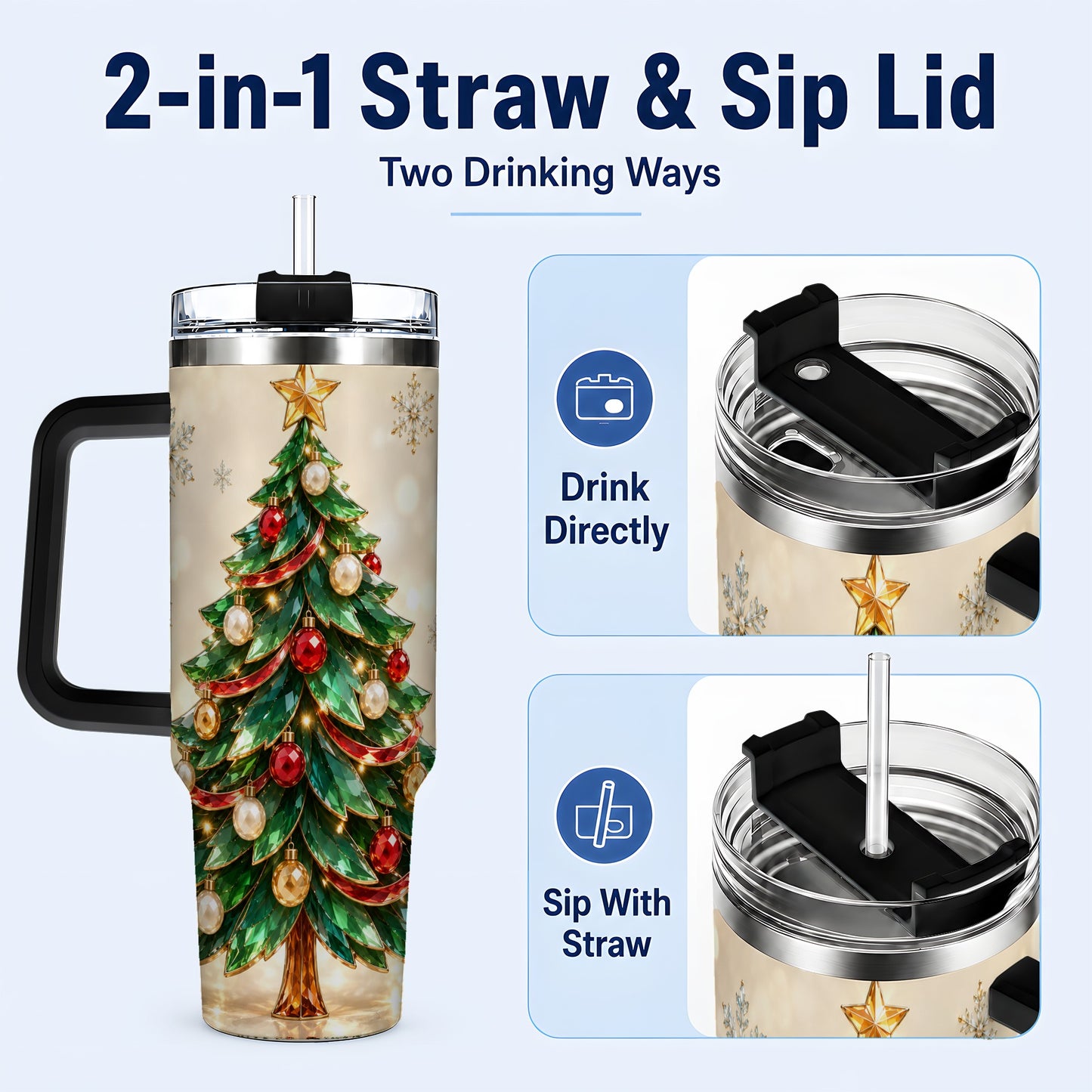 #pl[40oz|Black] Jeweled Tree 40oz Tumbler with Handle, Christmas Holiday Travel Cup