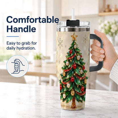 #pl[40oz|Black] Jeweled Tree 40oz Tumbler with Handle, Christmas Holiday Travel Cup