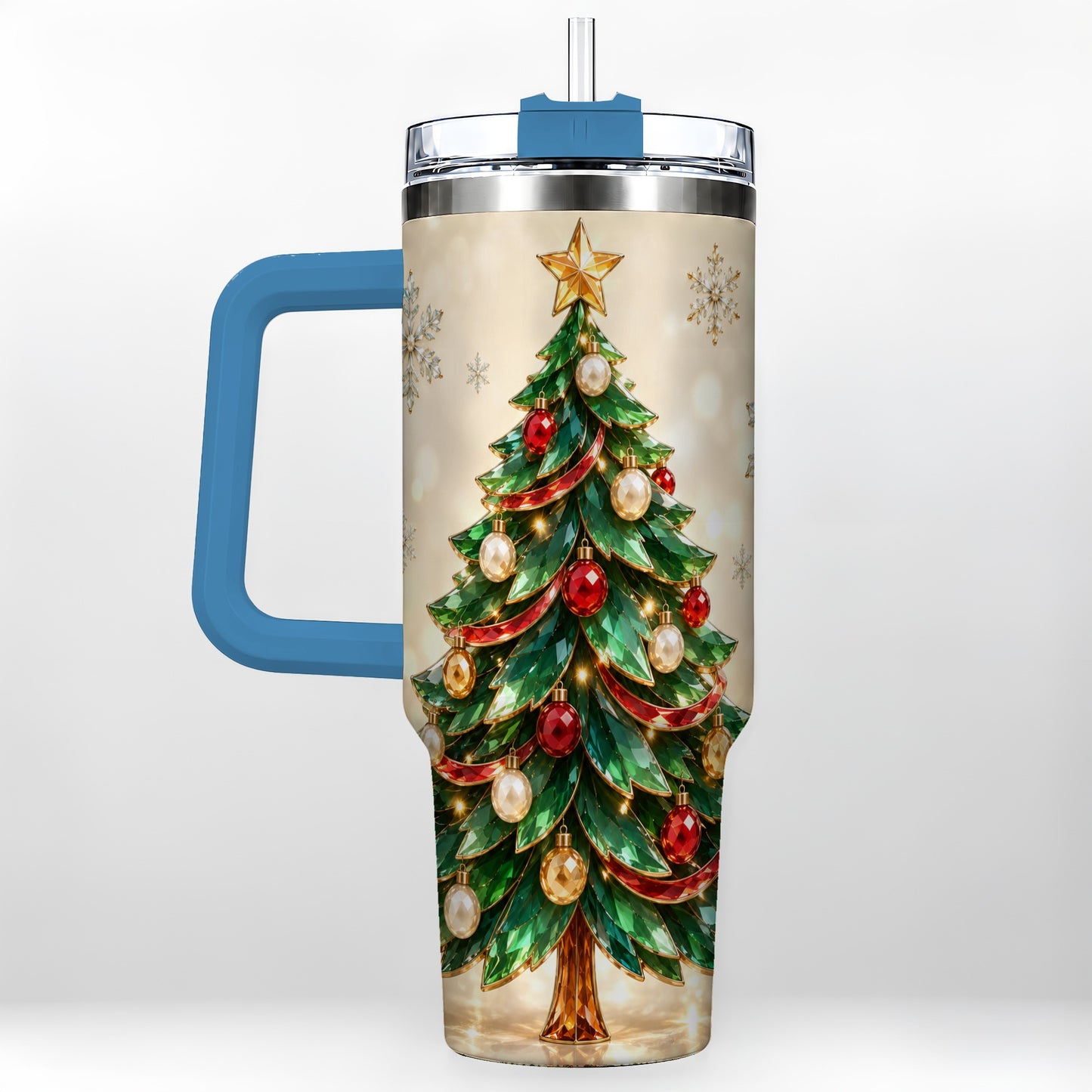#pl[40oz|Blue] Jeweled Tree 40oz Tumbler with Handle, Christmas Holiday Travel Cup