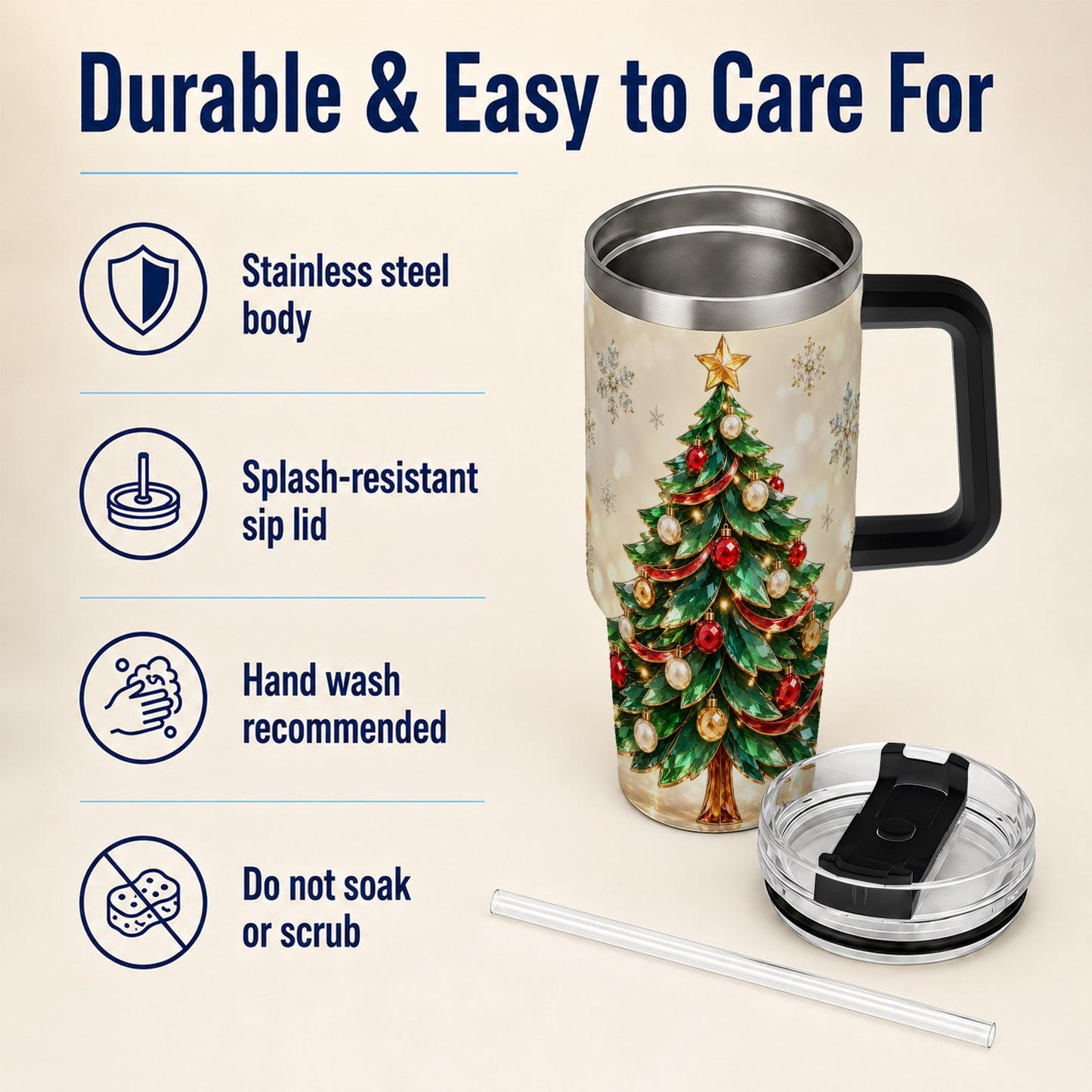#pl[40oz|Black] Jeweled Tree 40oz Tumbler with Handle, Christmas Holiday Travel Cup