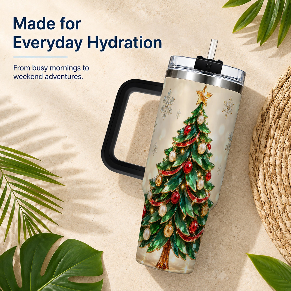 #pl[40oz|Black] Jeweled Tree 40oz Tumbler with Handle, Christmas Holiday Travel Cup