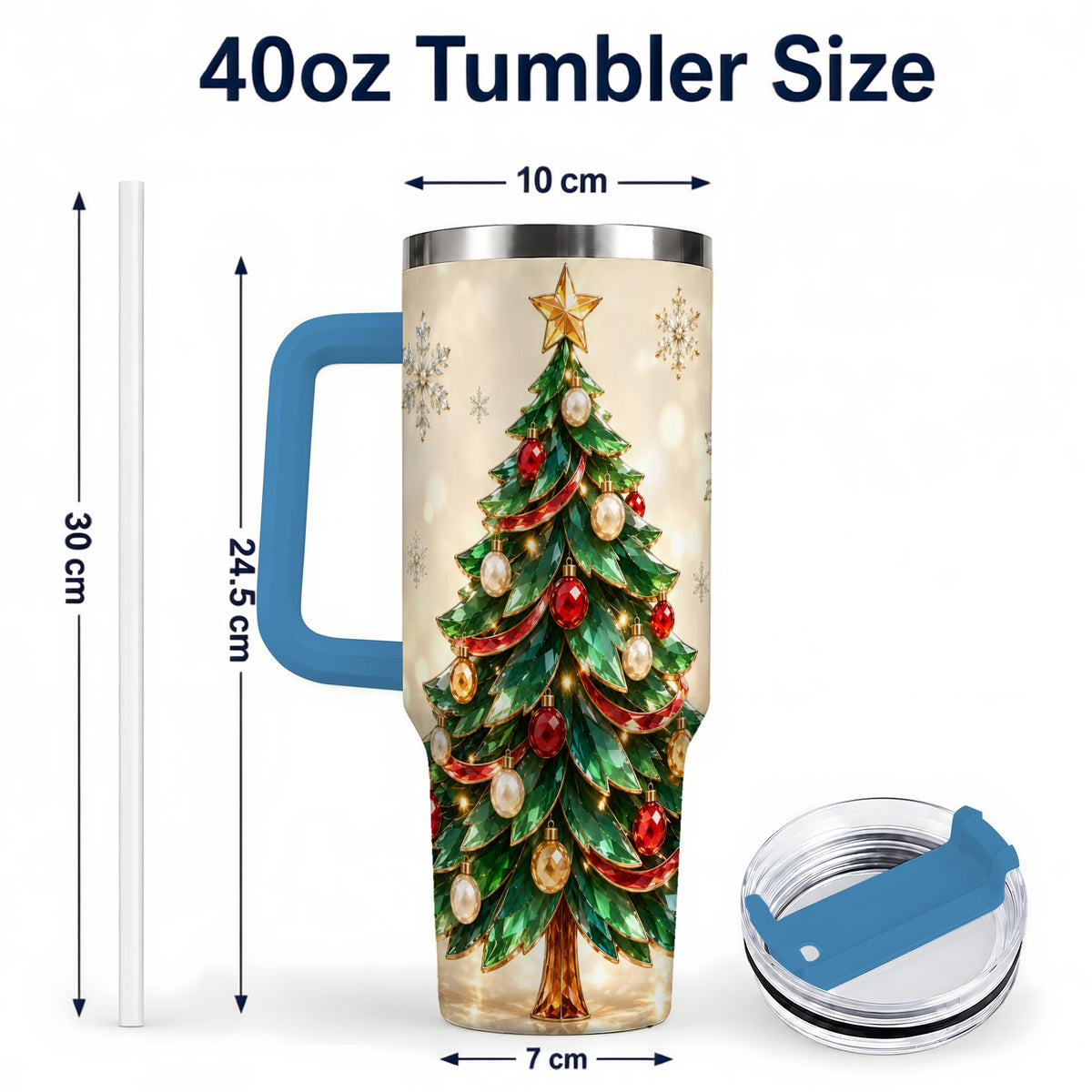 #pl[40oz|Blue] Jeweled Tree 40oz Tumbler with Handle, Christmas Holiday Travel Cup