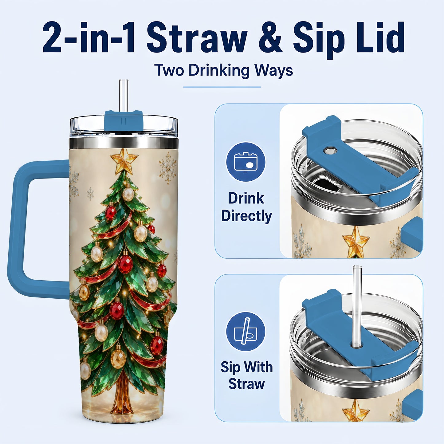 #pl[40oz|Blue] Jeweled Tree 40oz Tumbler with Handle, Christmas Holiday Travel Cup
