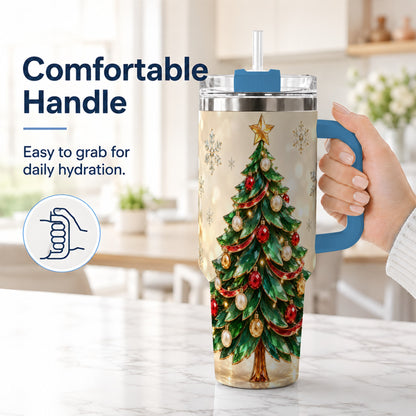 #pl[40oz|Blue] Jeweled Tree 40oz Tumbler with Handle, Christmas Holiday Travel Cup