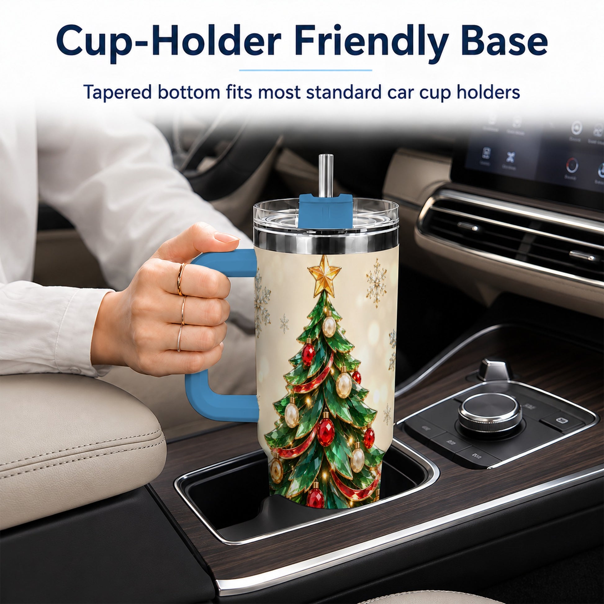 #pl[40oz|Blue] Jeweled Tree 40oz Tumbler with Handle, Christmas Holiday Travel Cup