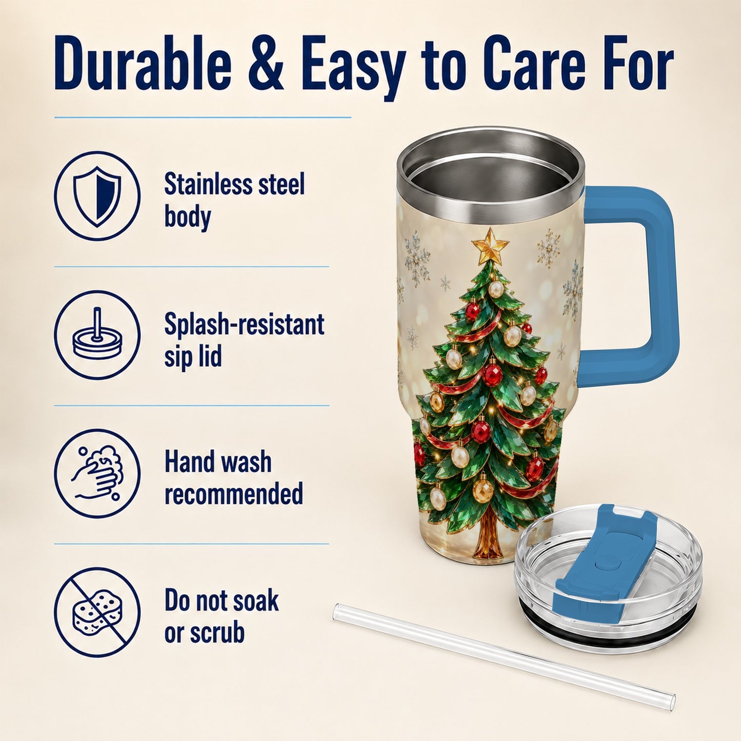 #pl[40oz|Blue] Jeweled Tree 40oz Tumbler with Handle, Christmas Holiday Travel Cup