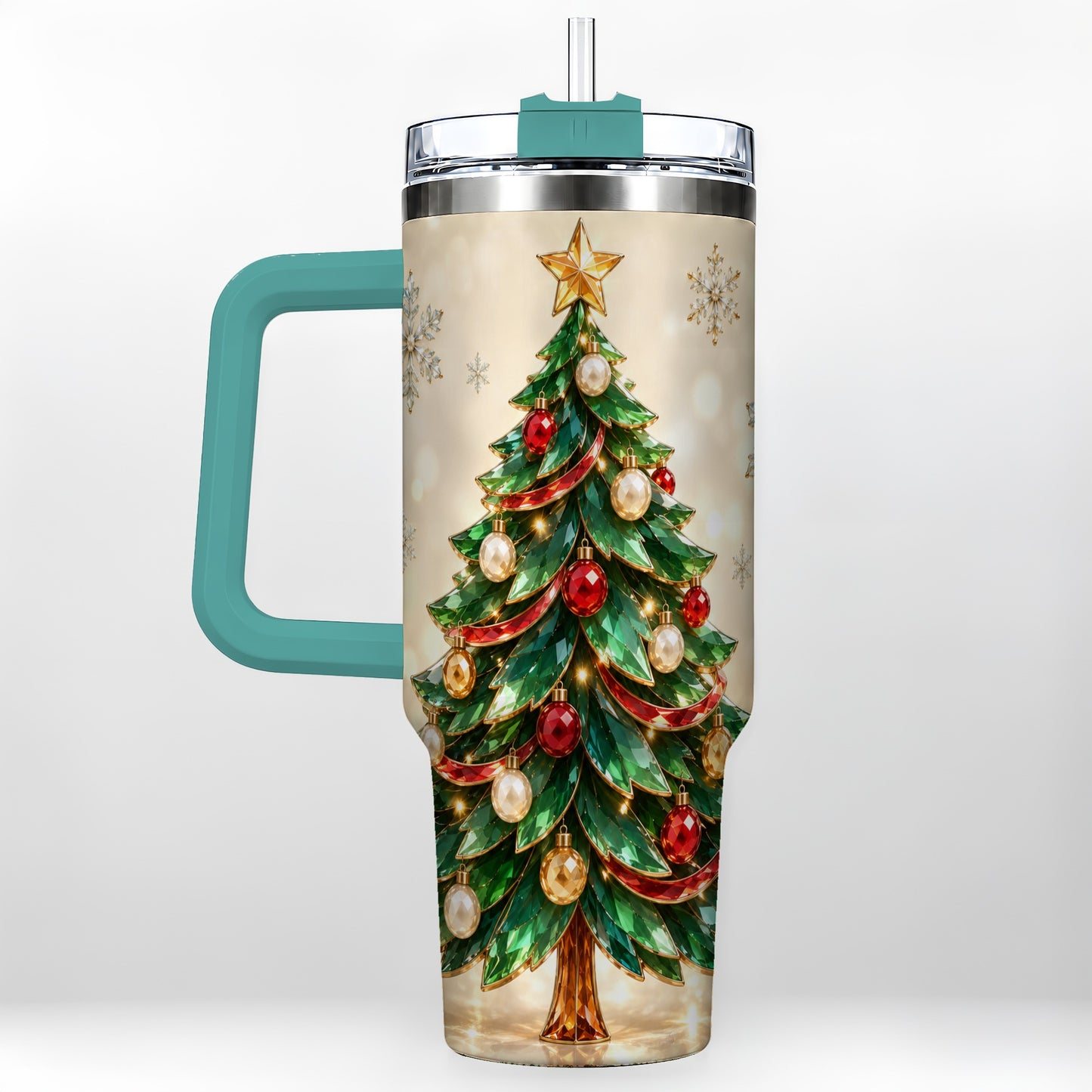 #pl[40oz|Green] Jeweled Tree 40oz Tumbler with Handle, Christmas Holiday Travel Cup