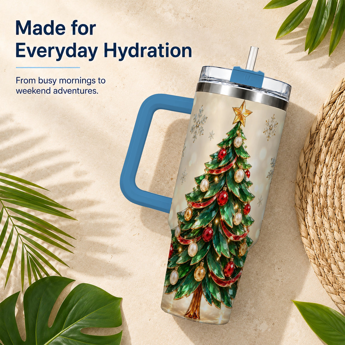 #pl[40oz|Blue] Jeweled Tree 40oz Tumbler with Handle, Christmas Holiday Travel Cup