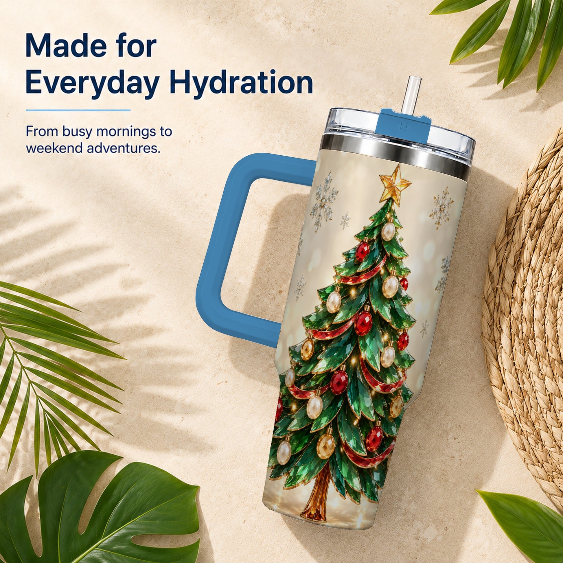 #pl[40oz|Blue] Jeweled Tree 40oz Tumbler with Handle, Christmas Holiday Travel Cup