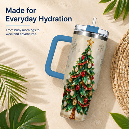 #pl[40oz|Blue] Jeweled Tree 40oz Tumbler with Handle, Christmas Holiday Travel Cup