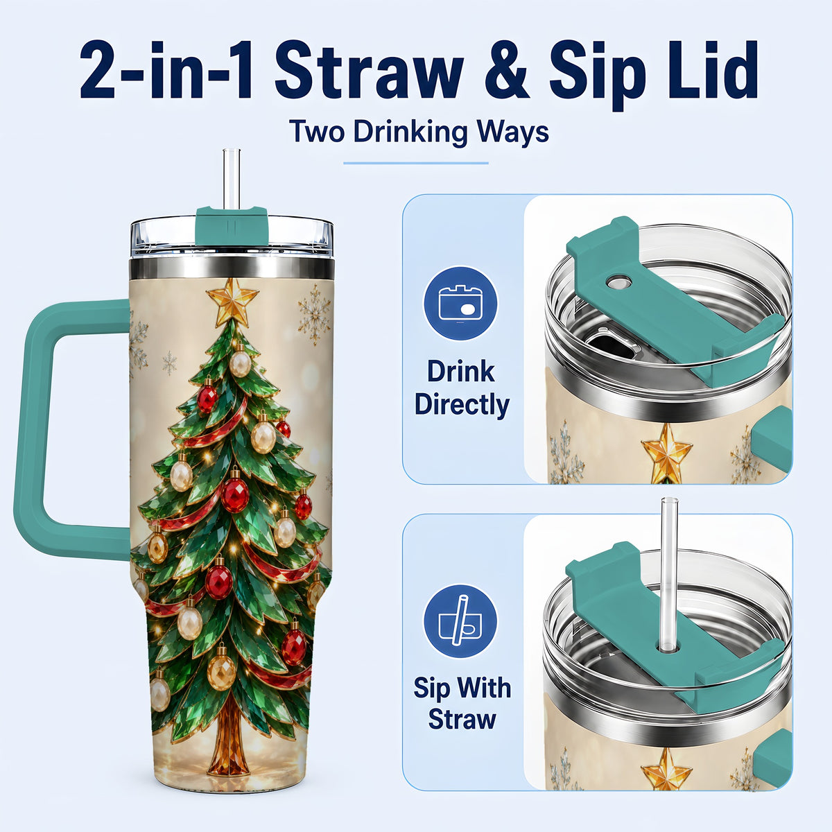 #pl[40oz|Green] Jeweled Tree 40oz Tumbler with Handle, Christmas Holiday Travel Cup
