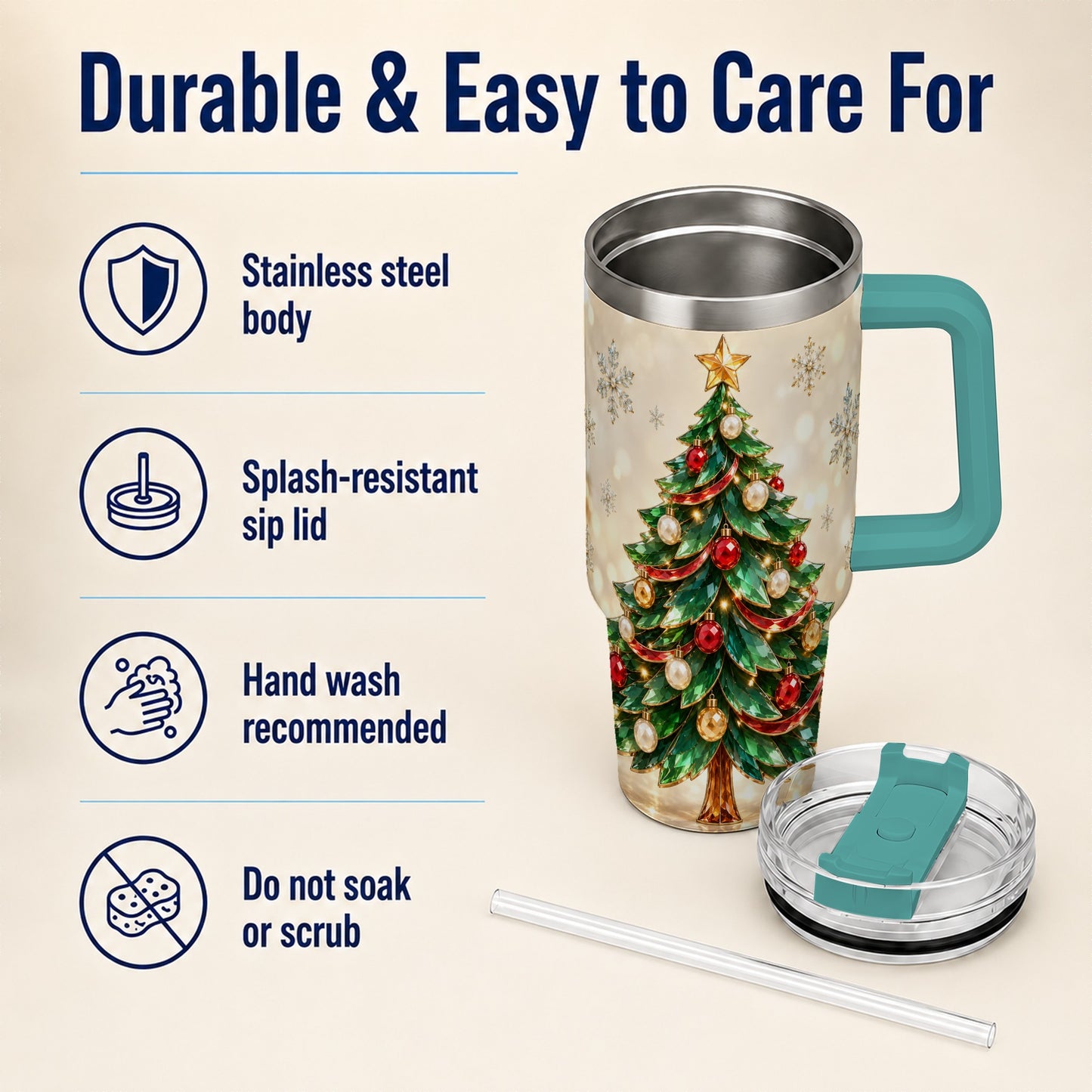 #pl[40oz|Green] Jeweled Tree 40oz Tumbler with Handle, Christmas Holiday Travel Cup