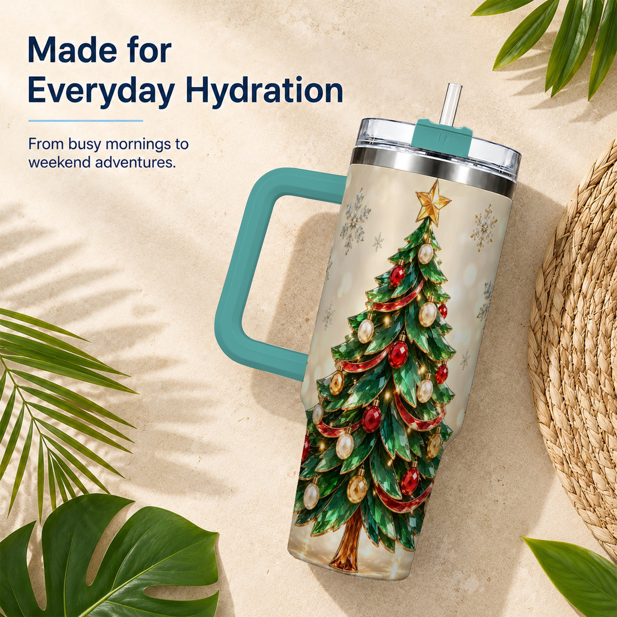 #pl[40oz|Green] Jeweled Tree 40oz Tumbler with Handle, Christmas Holiday Travel Cup