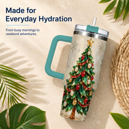 #pl[40oz|Green] Jeweled Tree 40oz Tumbler with Handle, Christmas Holiday Travel Cup