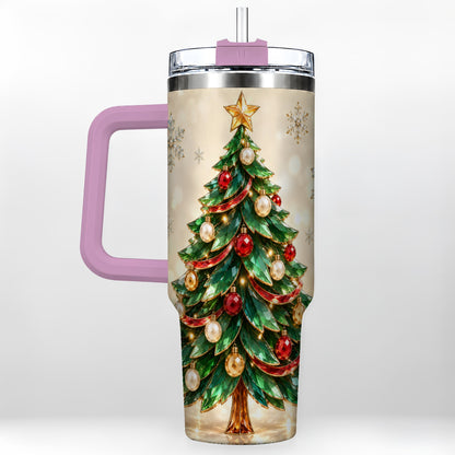#pl[40oz|Pink] Jeweled Tree 40oz Tumbler with Handle, Christmas Holiday Travel Cup