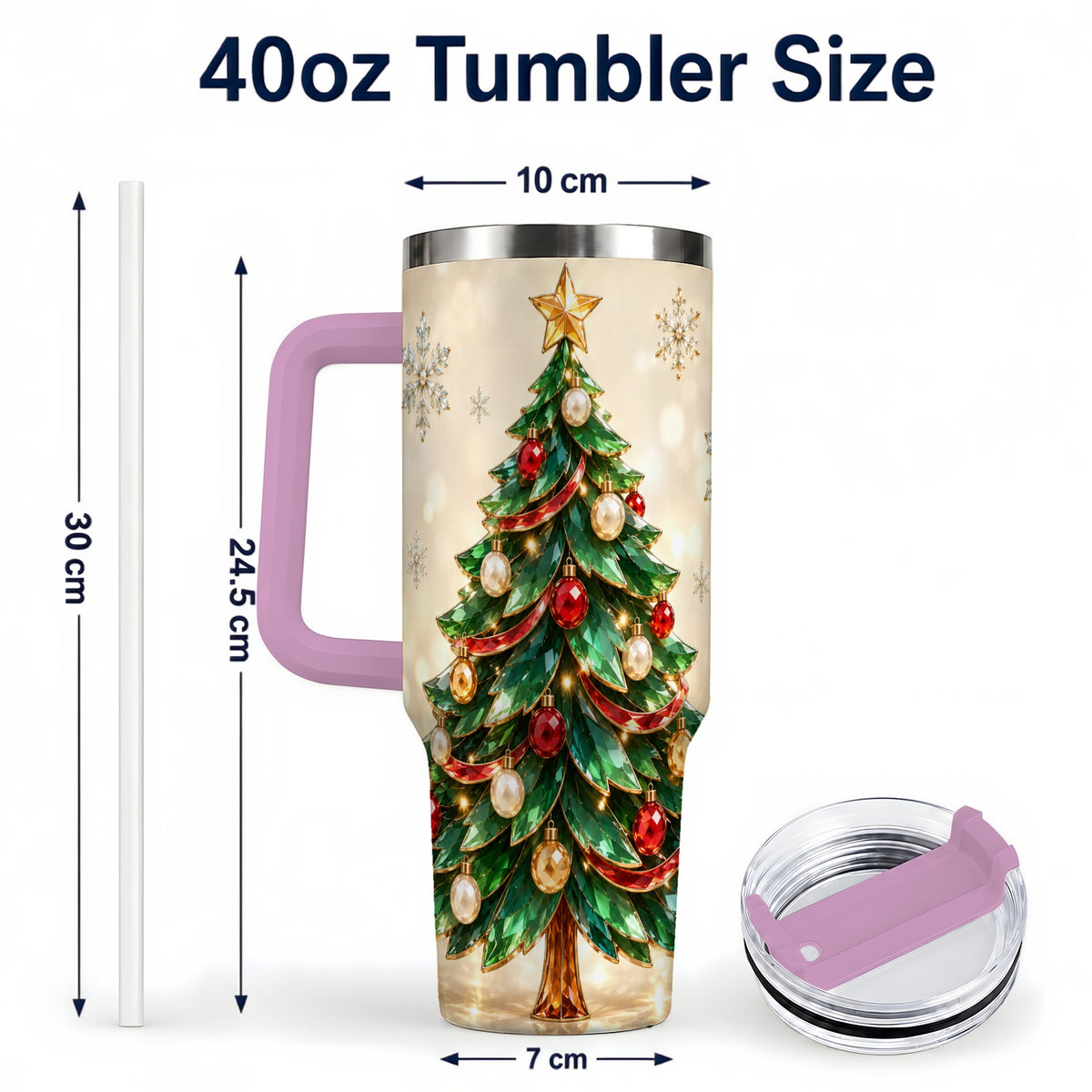 #pl[40oz|Pink] Jeweled Tree 40oz Tumbler with Handle, Christmas Holiday Travel Cup