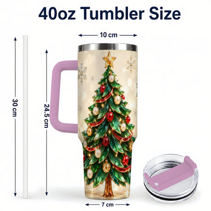 #pl[40oz|Pink] Jeweled Tree 40oz Tumbler with Handle, Christmas Holiday Travel Cup