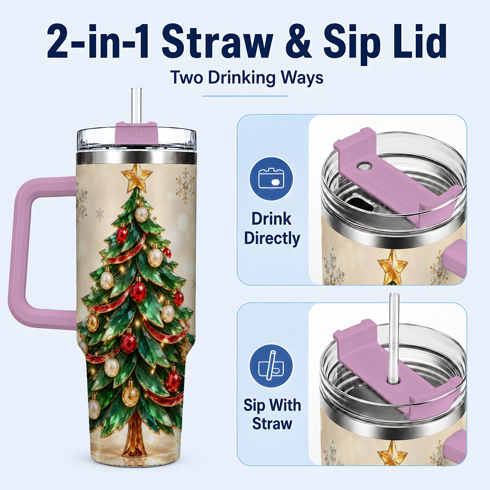 #pl[40oz|Pink] Jeweled Tree 40oz Tumbler with Handle, Christmas Holiday Travel Cup