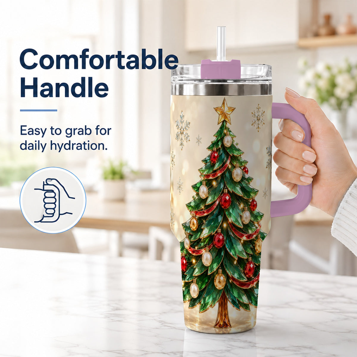 #pl[40oz|Pink] Jeweled Tree 40oz Tumbler with Handle, Christmas Holiday Travel Cup
