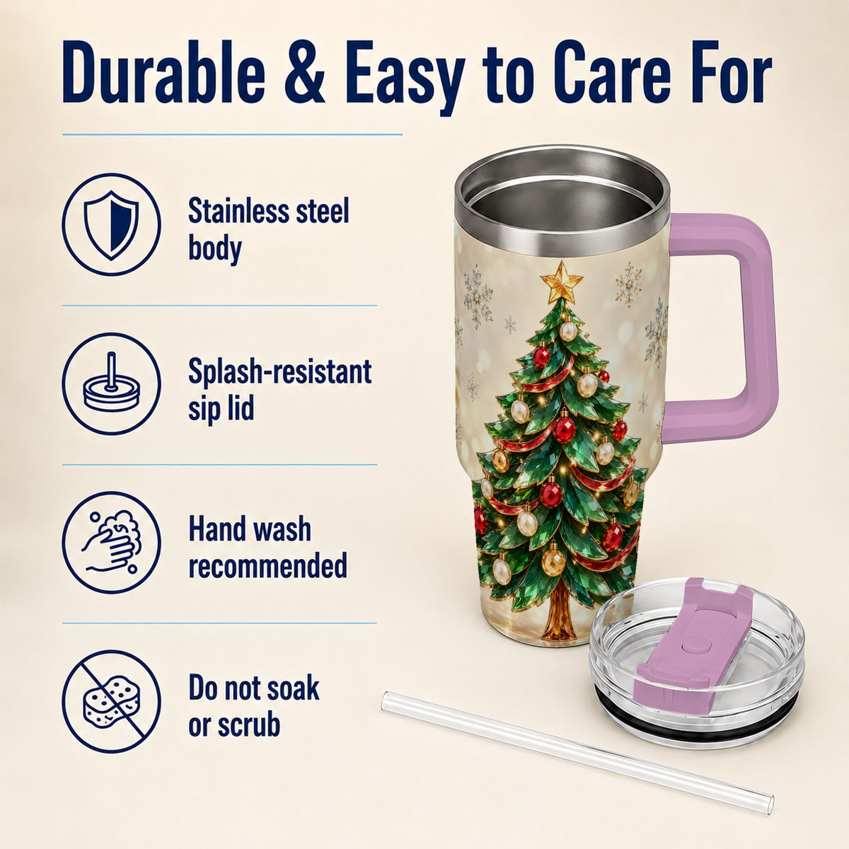 #pl[40oz|Pink] Jeweled Tree 40oz Tumbler with Handle, Christmas Holiday Travel Cup
