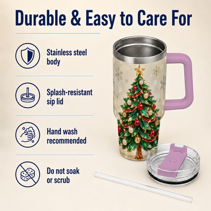 #pl[40oz|Pink] Jeweled Tree 40oz Tumbler with Handle, Christmas Holiday Travel Cup