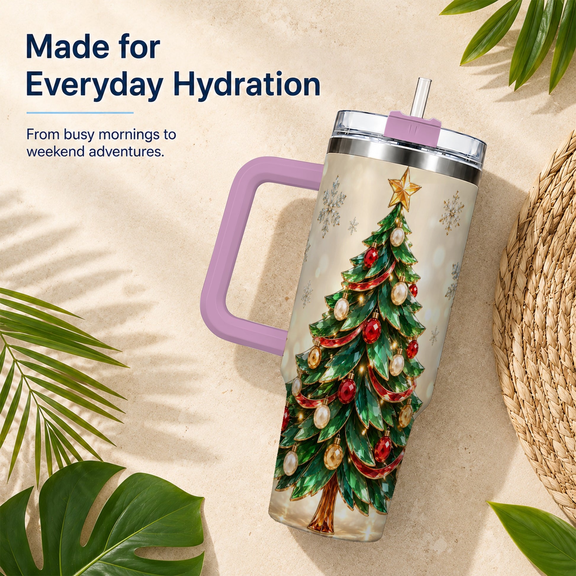 #pl[40oz|Pink] Jeweled Tree 40oz Tumbler with Handle, Christmas Holiday Travel Cup