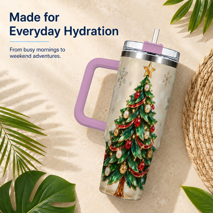 #pl[40oz|Pink] Jeweled Tree 40oz Tumbler with Handle, Christmas Holiday Travel Cup