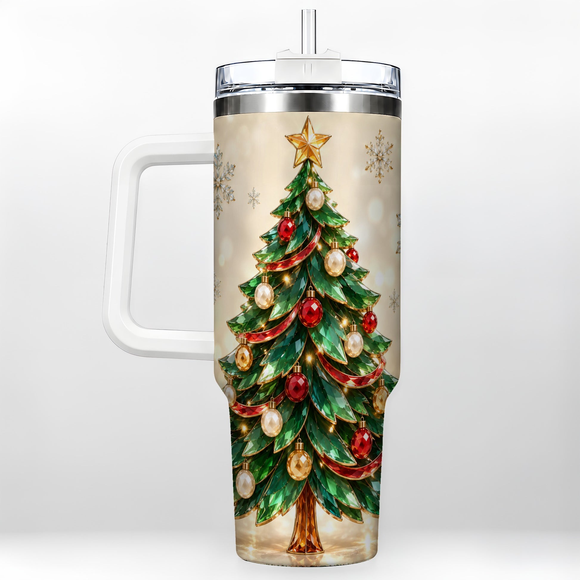 Jeweled Tree 40oz Tumbler with Handle, Christmas Holiday Travel Cup