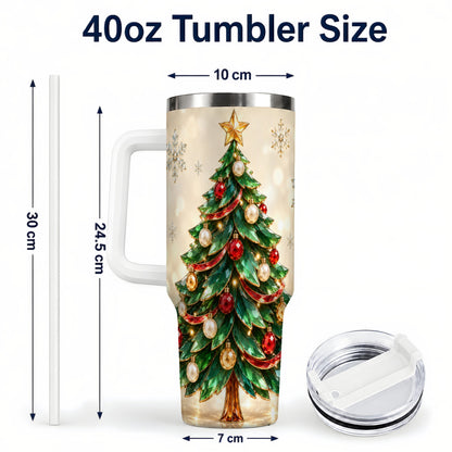 #pl[40oz|White] Jeweled Tree 40oz Tumbler with Handle, Christmas Holiday Travel Cup