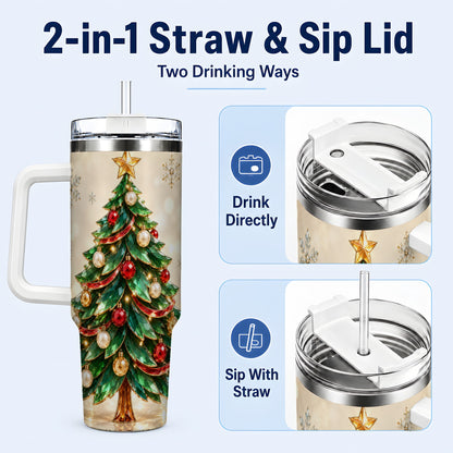 #pl[40oz|White] Jeweled Tree 40oz Tumbler with Handle, Christmas Holiday Travel Cup