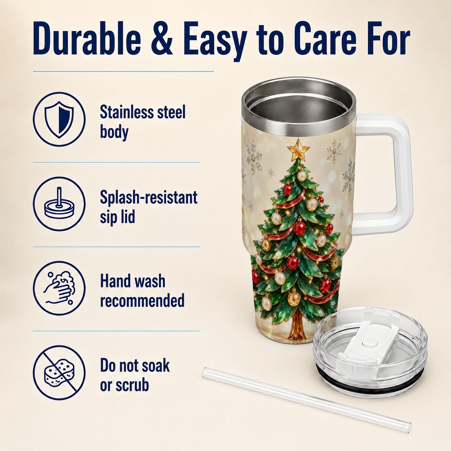 #pl[40oz|White] Jeweled Tree 40oz Tumbler with Handle, Christmas Holiday Travel Cup