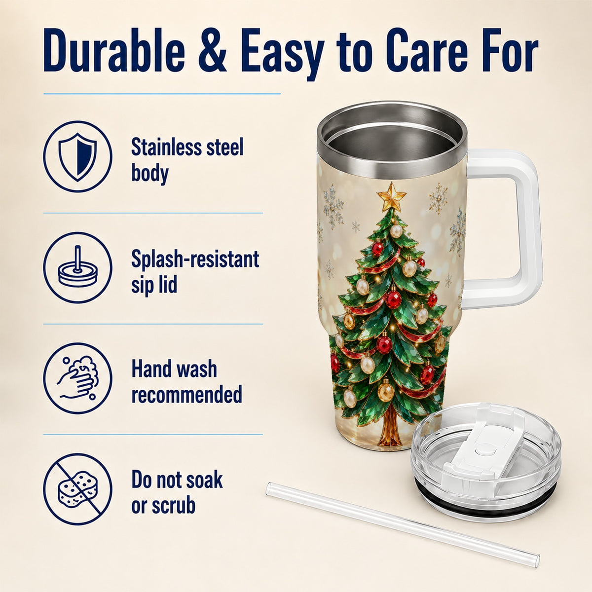 #pl[40oz|White] Jeweled Tree 40oz Tumbler with Handle, Christmas Holiday Travel Cup