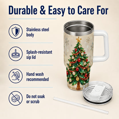 #pl[40oz|White] Jeweled Tree 40oz Tumbler with Handle, Christmas Holiday Travel Cup