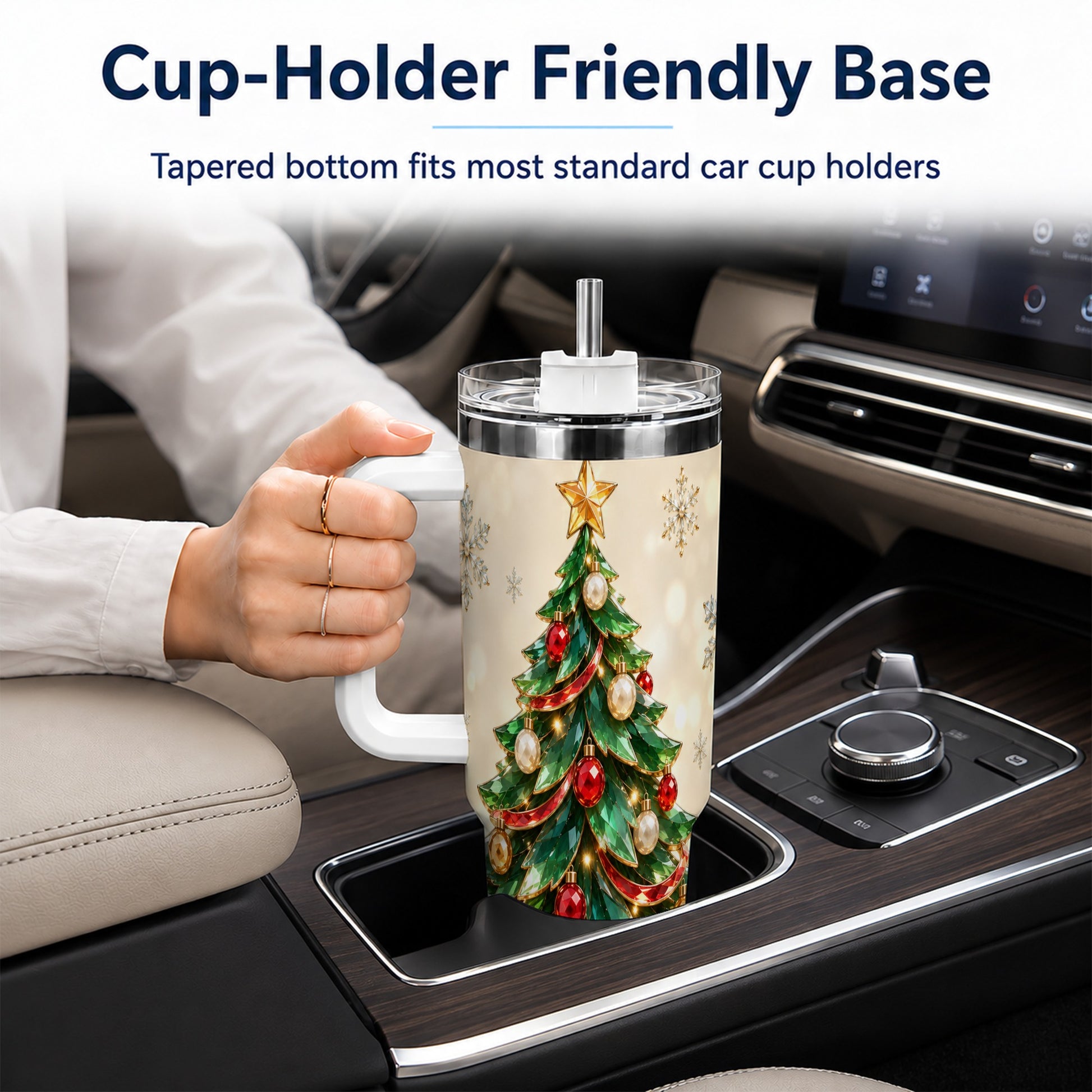 #pl[40oz|White] Jeweled Tree 40oz Tumbler with Handle, Christmas Holiday Travel Cup
