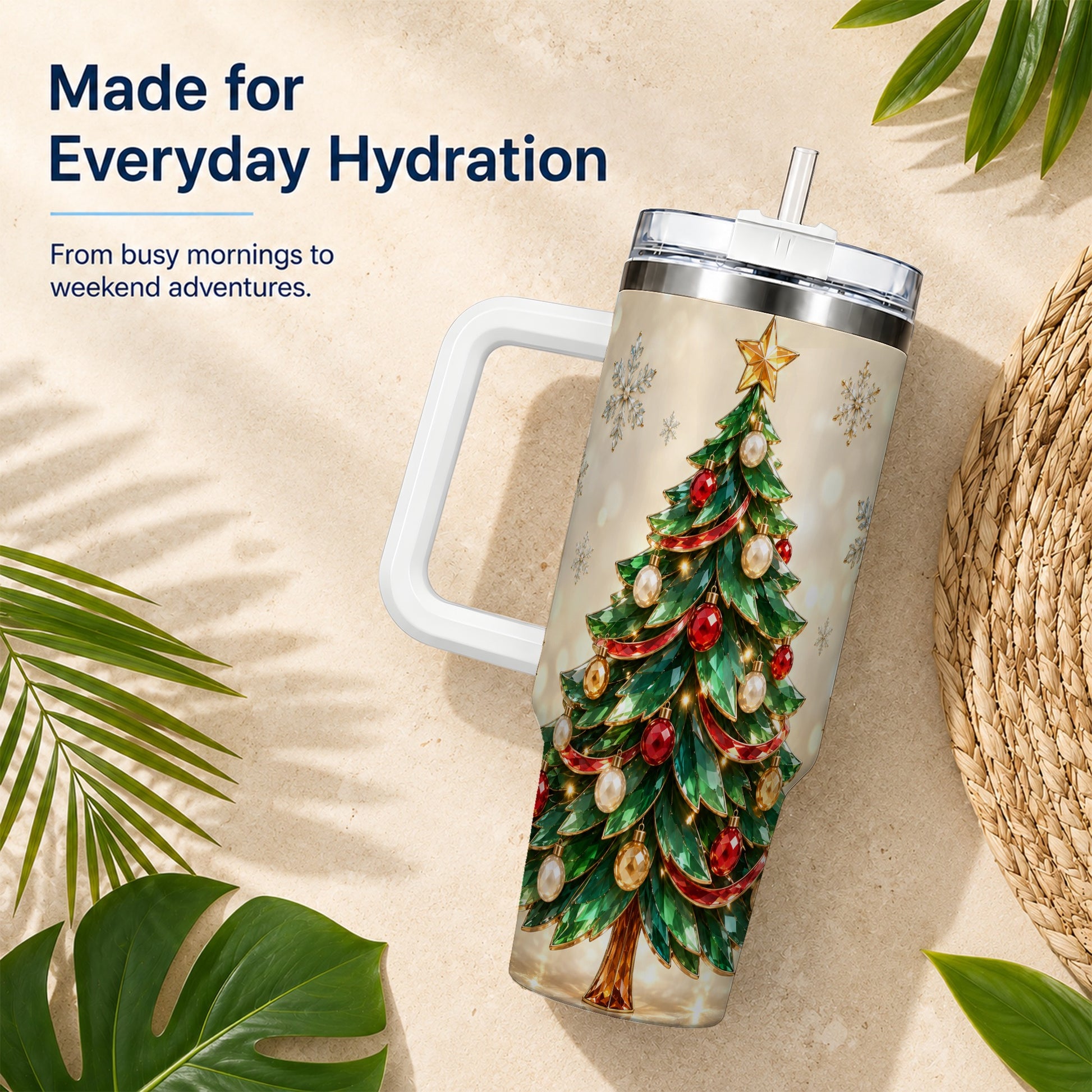 #pl[40oz|White] Jeweled Tree 40oz Tumbler with Handle, Christmas Holiday Travel Cup