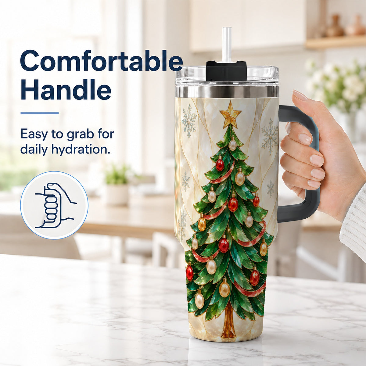#pl[40oz|Black] Jeweled Tree 40oz Tumbler with Handle, Christmas Stainless Steel Travel Cup